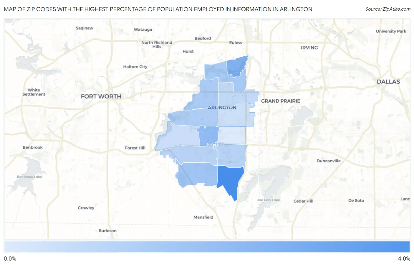 Zip Codes with the Highest Percentage of Population Employed in Information in Arlington Map
