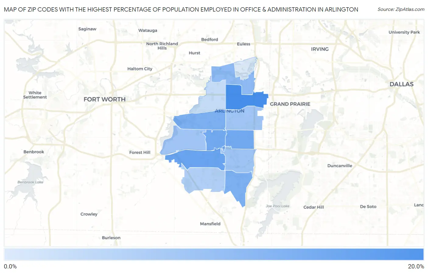 Zip Codes with the Highest Percentage of Population Employed in Office & Administration in Arlington Map