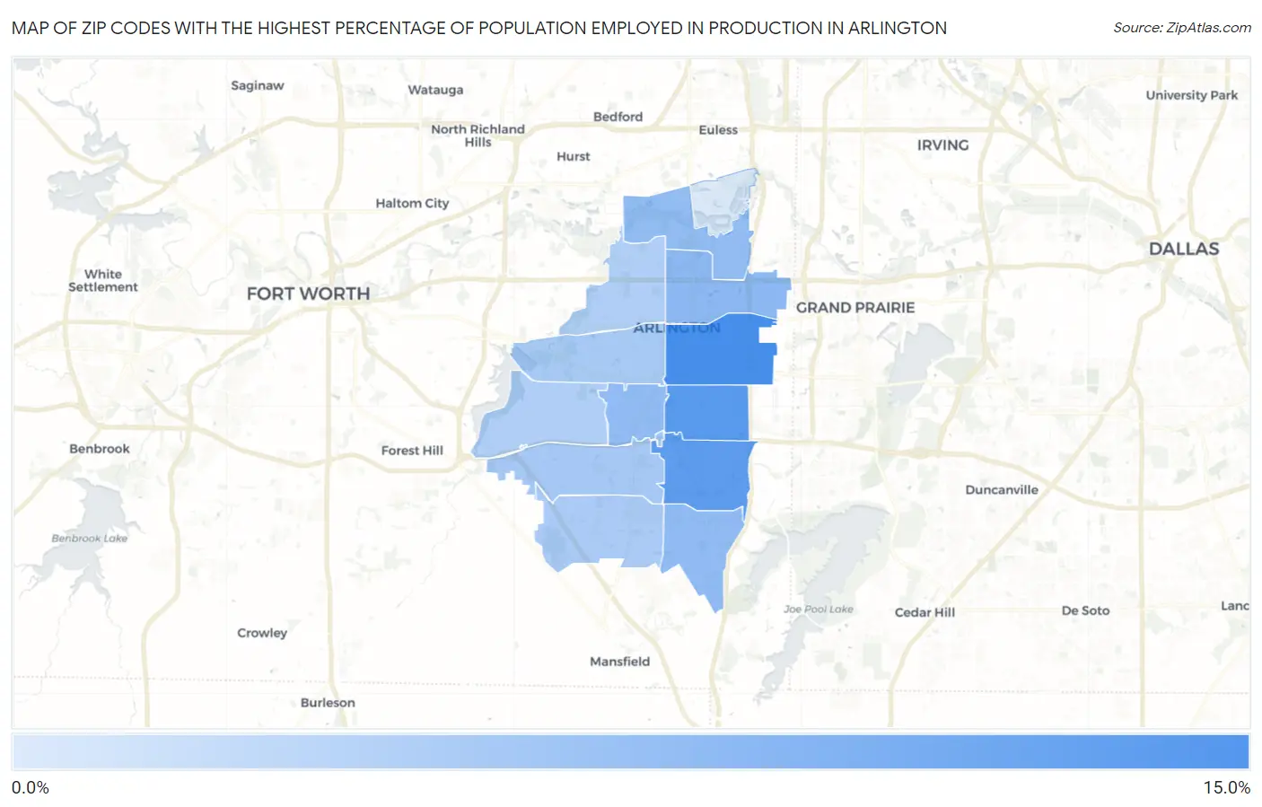 Zip Codes with the Highest Percentage of Population Employed in Production in Arlington Map