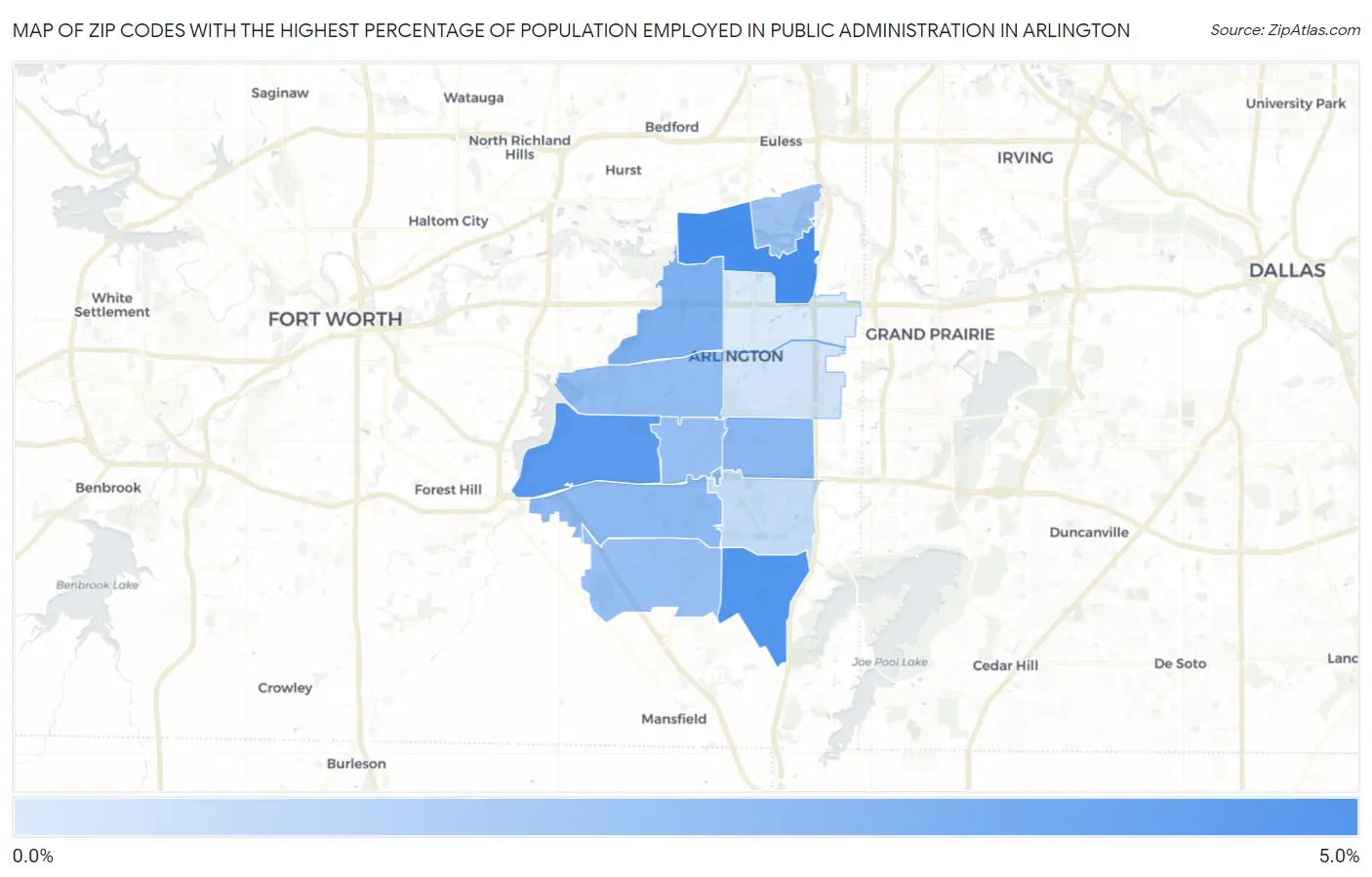 Zip Codes with the Highest Percentage of Population Employed in Public Administration in Arlington Map