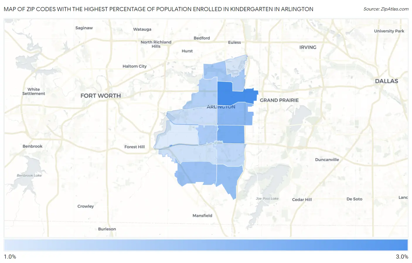 Zip Codes with the Highest Percentage of Population Enrolled in Kindergarten in Arlington Map