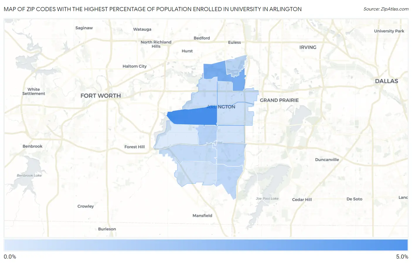 Zip Codes with the Highest Percentage of Population Enrolled in University in Arlington Map