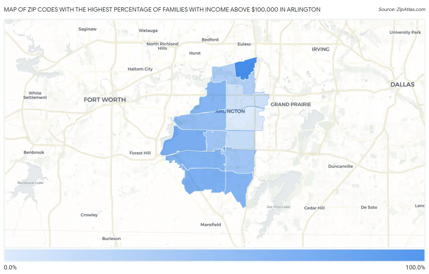 Zip Codes with the Highest Percentage of Families with Income Above $100,000 in Arlington Map