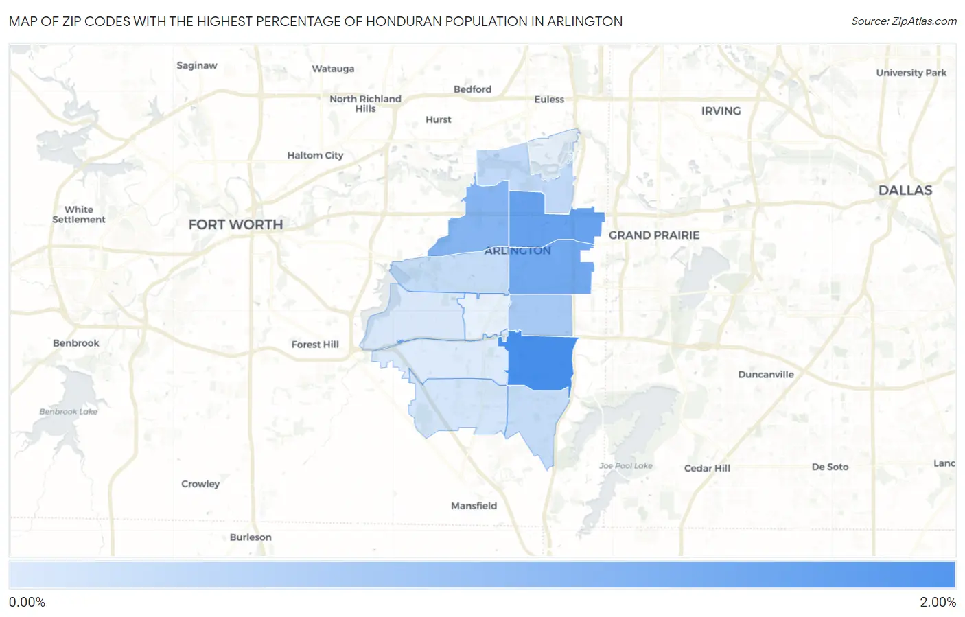Zip Codes with the Highest Percentage of Honduran Population in Arlington Map