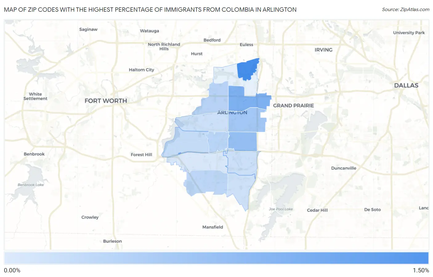 Zip Codes with the Highest Percentage of Immigrants from Colombia in Arlington Map