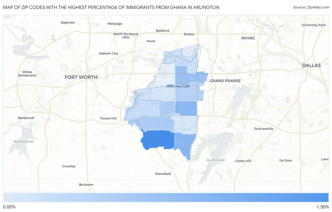 Zip Codes with the Highest Percentage of Immigrants from Ghana in Arlington Map