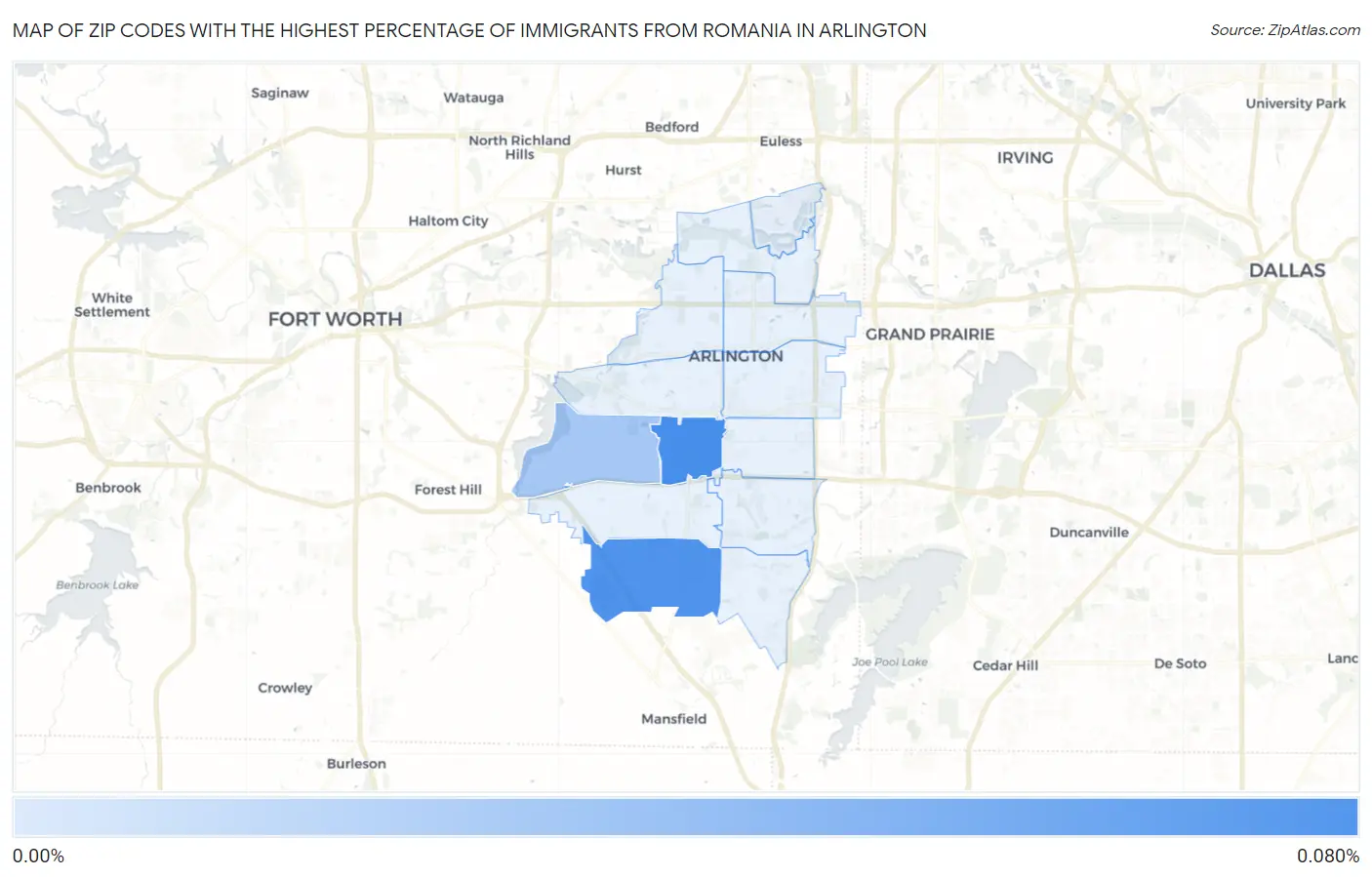 Zip Codes with the Highest Percentage of Immigrants from Romania in Arlington Map