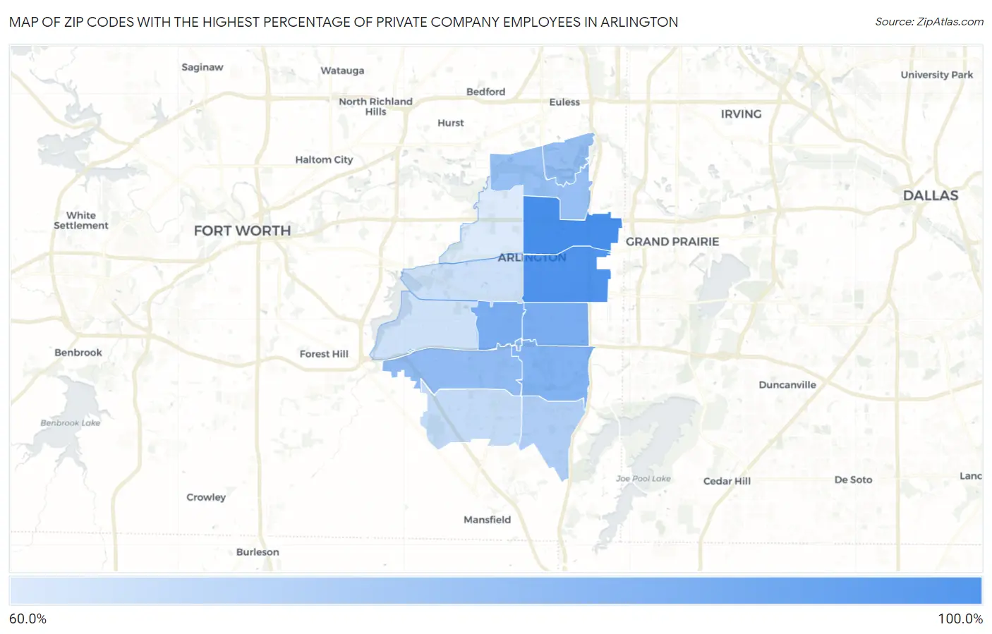 Zip Codes with the Highest Percentage of Private Company Employees in Arlington Map