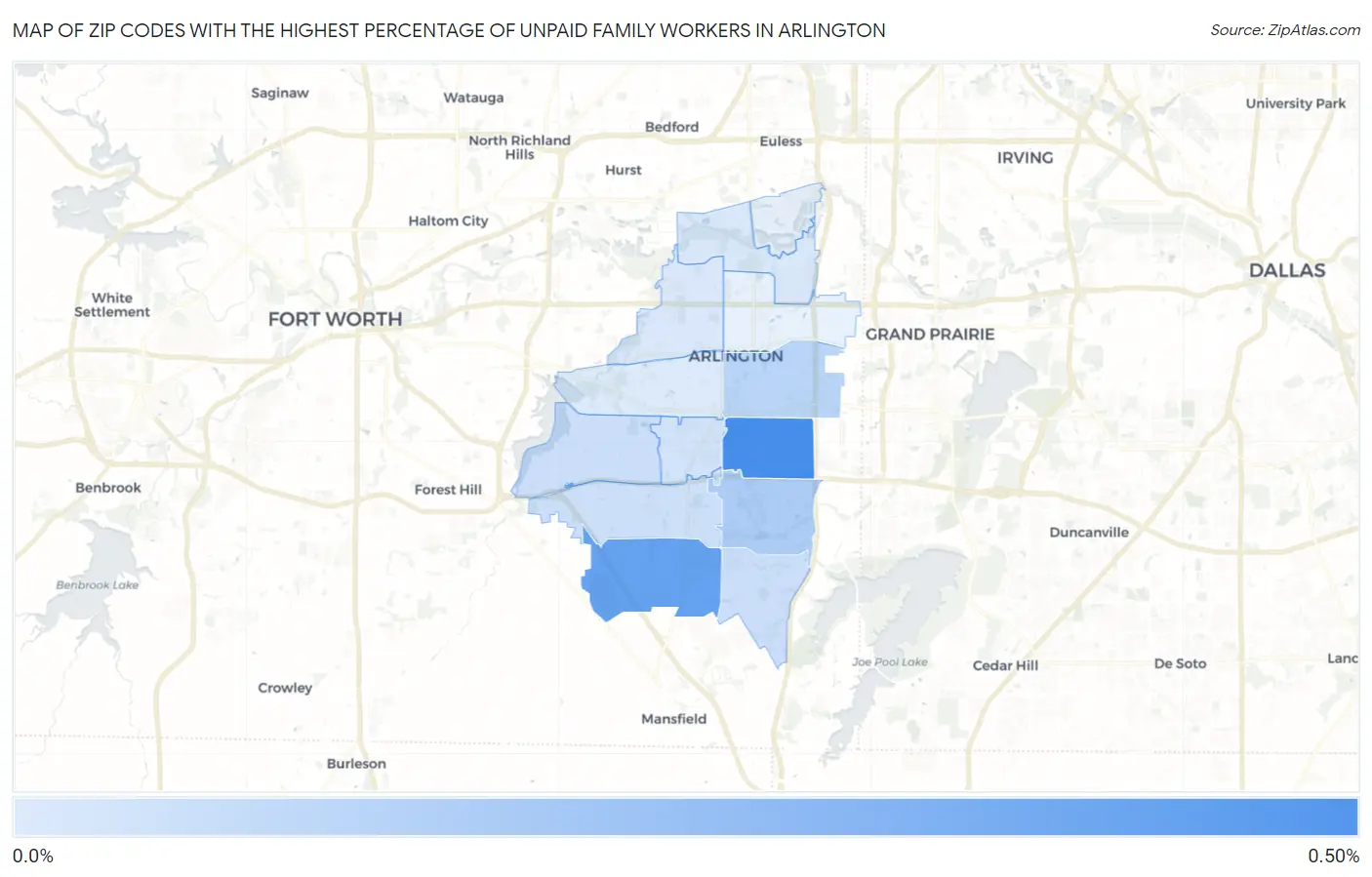 Zip Codes with the Highest Percentage of Unpaid Family Workers in Arlington Map