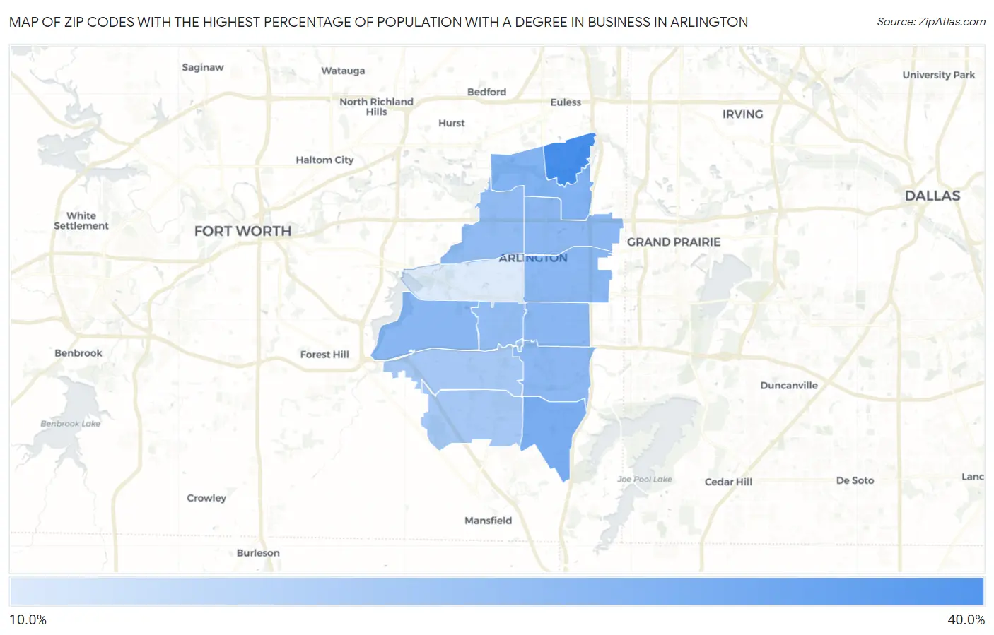Zip Codes with the Highest Percentage of Population with a Degree in Business in Arlington Map