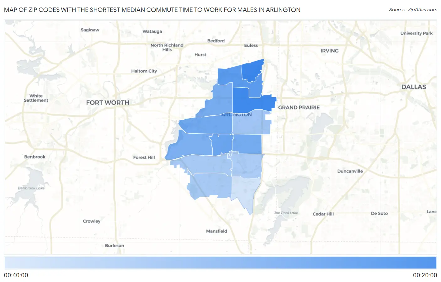 Zip Codes with the Shortest Median Commute Time to Work for Males in Arlington Map
