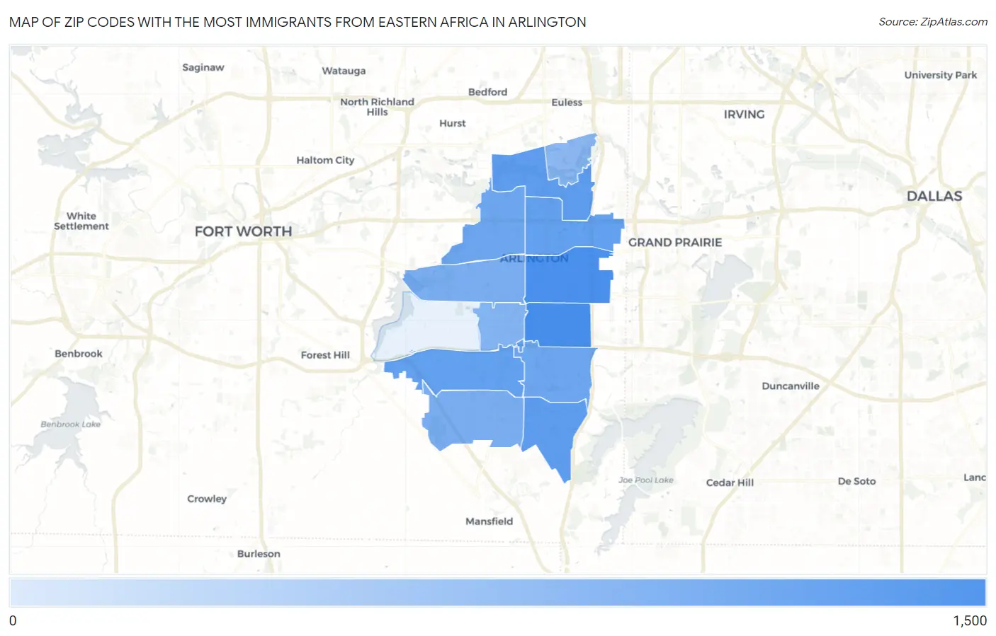 Zip Codes with the Most Immigrants from Eastern Africa in Arlington Map