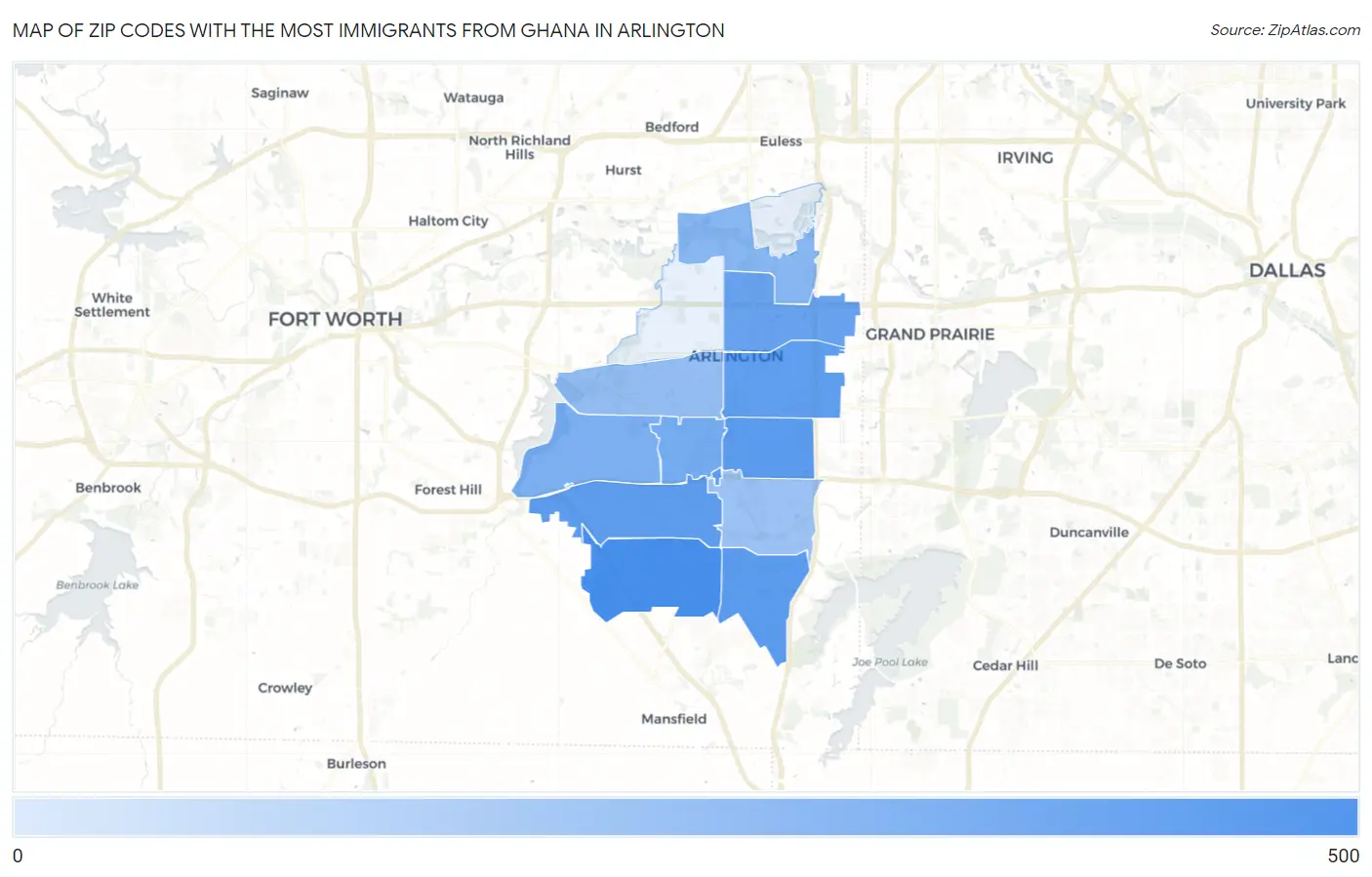 Zip Codes with the Most Immigrants from Ghana in Arlington Map