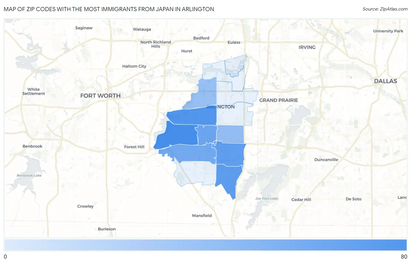 Zip Codes with the Most Immigrants from Japan in Arlington Map