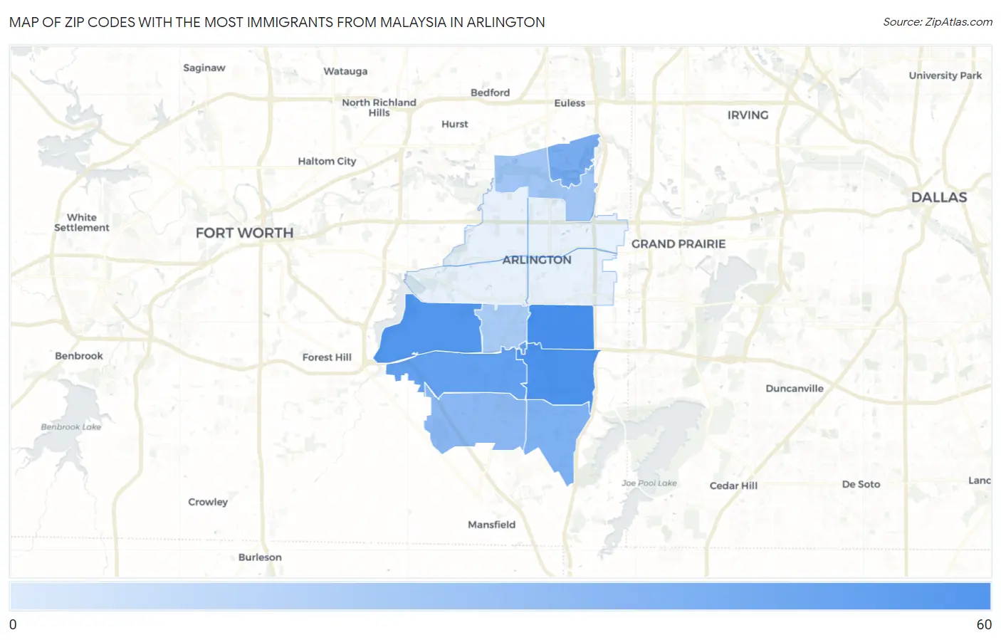 Zip Codes with the Most Immigrants from Malaysia in Arlington Map