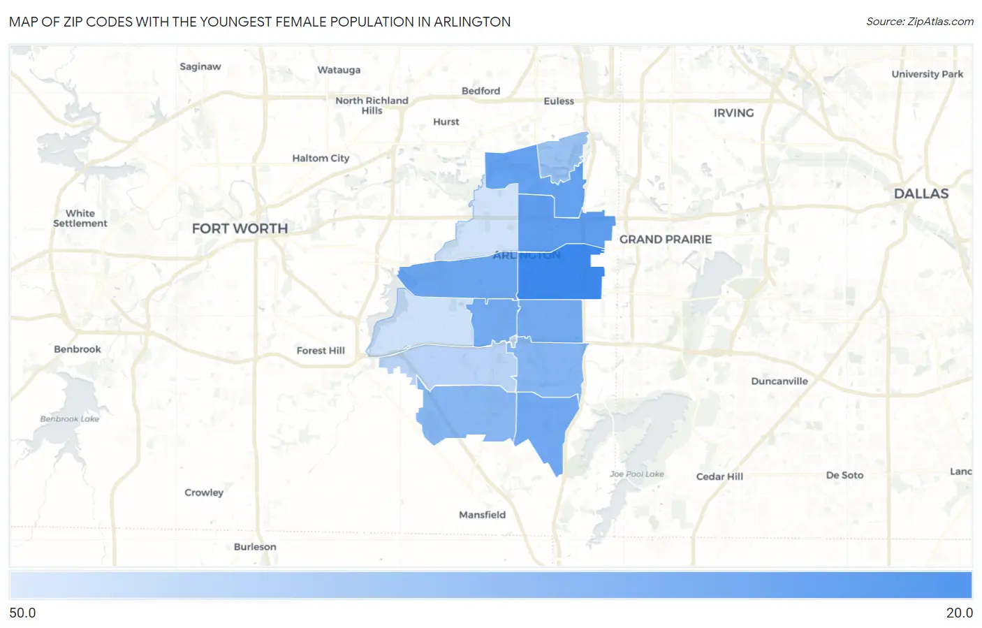 Zip Codes with the Youngest Female Population in Arlington Map