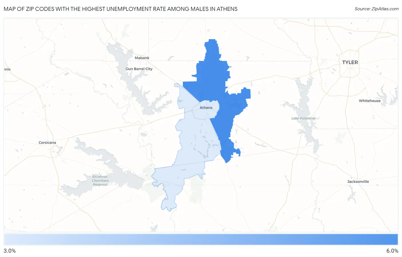 Zip Codes with the Highest Unemployment Rate Among Males in Athens Map