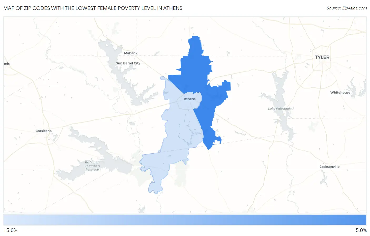 Zip Codes with the Lowest Female Poverty Level in Athens Map