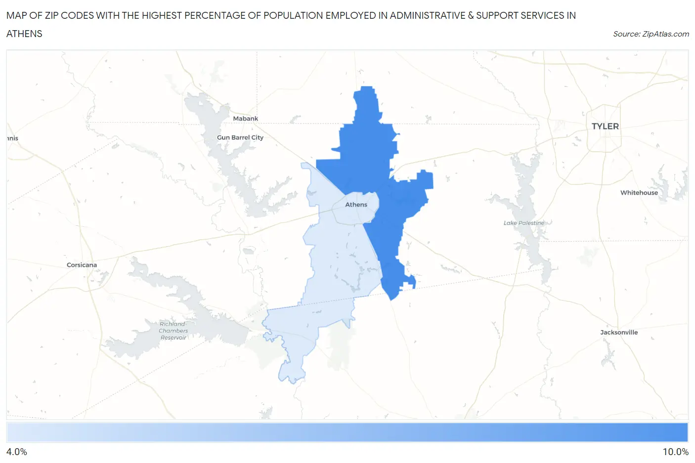 Zip Codes with the Highest Percentage of Population Employed in Administrative & Support Services in Athens Map