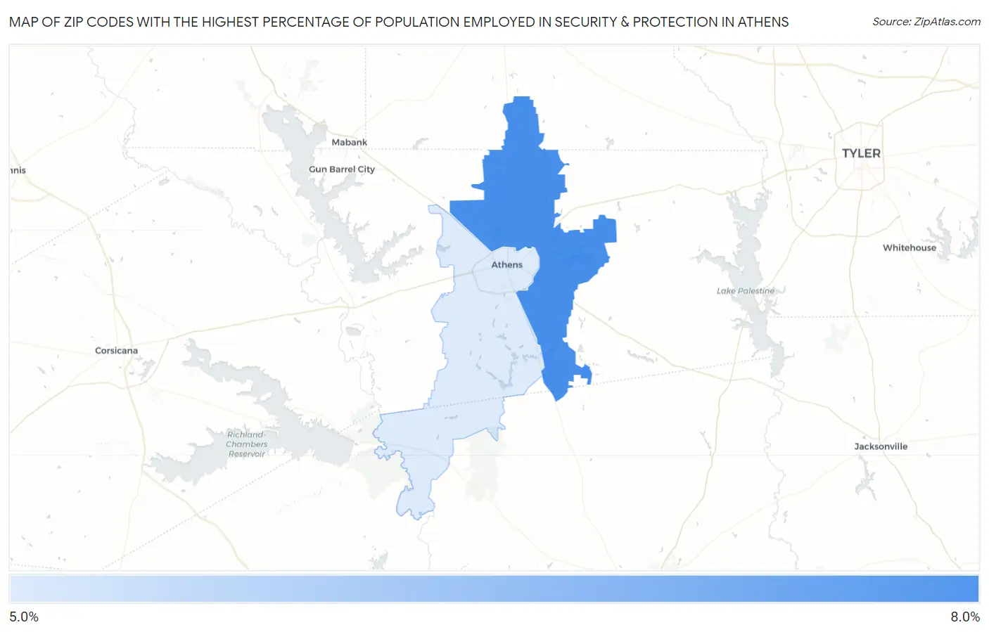 Zip Codes with the Highest Percentage of Population Employed in Security & Protection in Athens Map