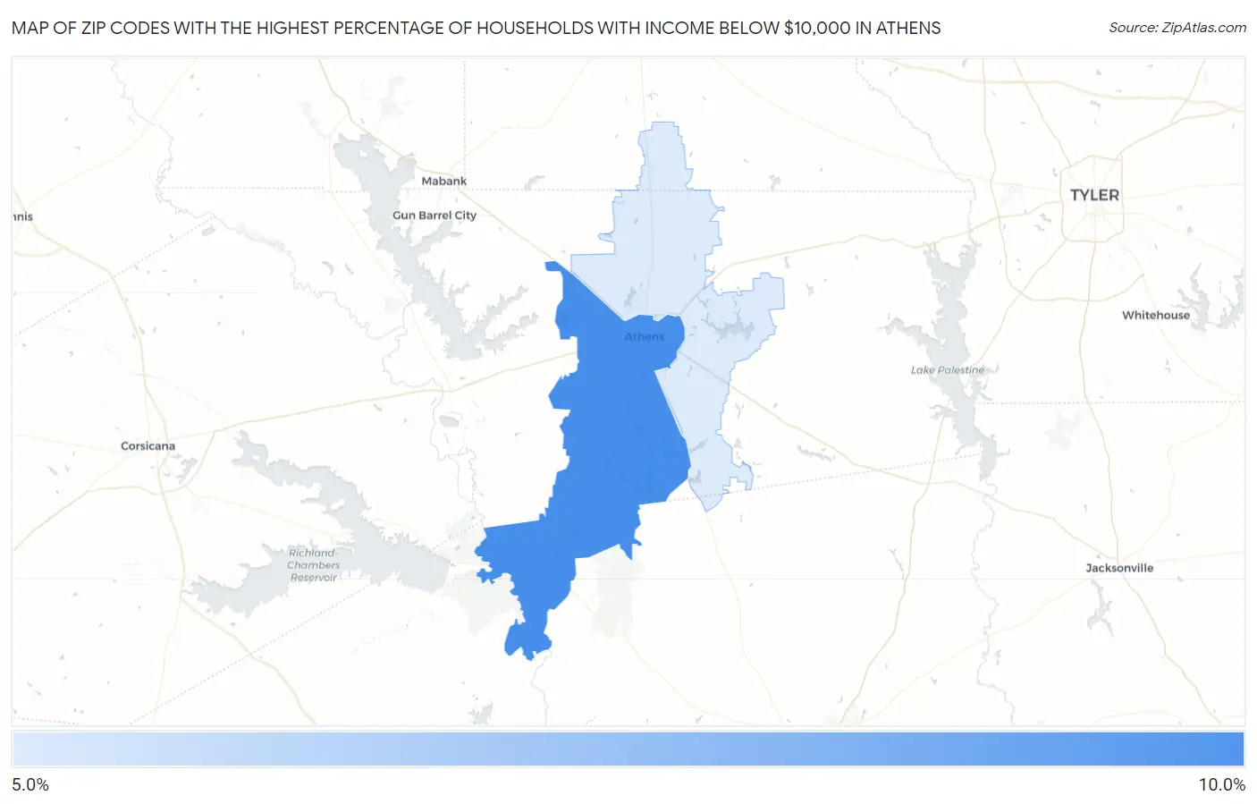 Zip Codes with the Highest Percentage of Households with Income Below $10,000 in Athens Map