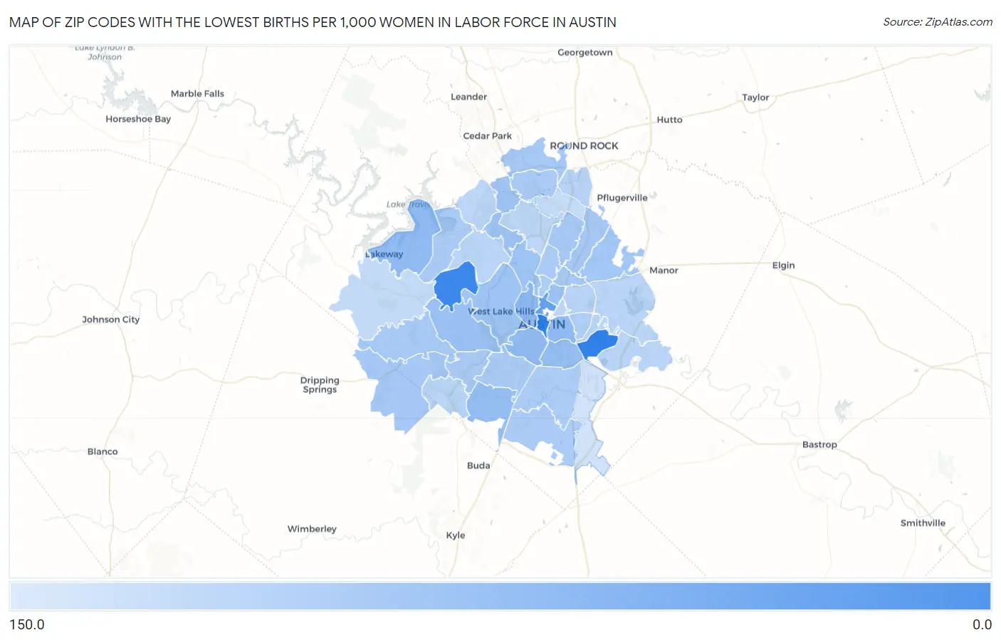 Zip Codes with the Lowest Births per 1,000 Women in Labor Force in Austin Map
