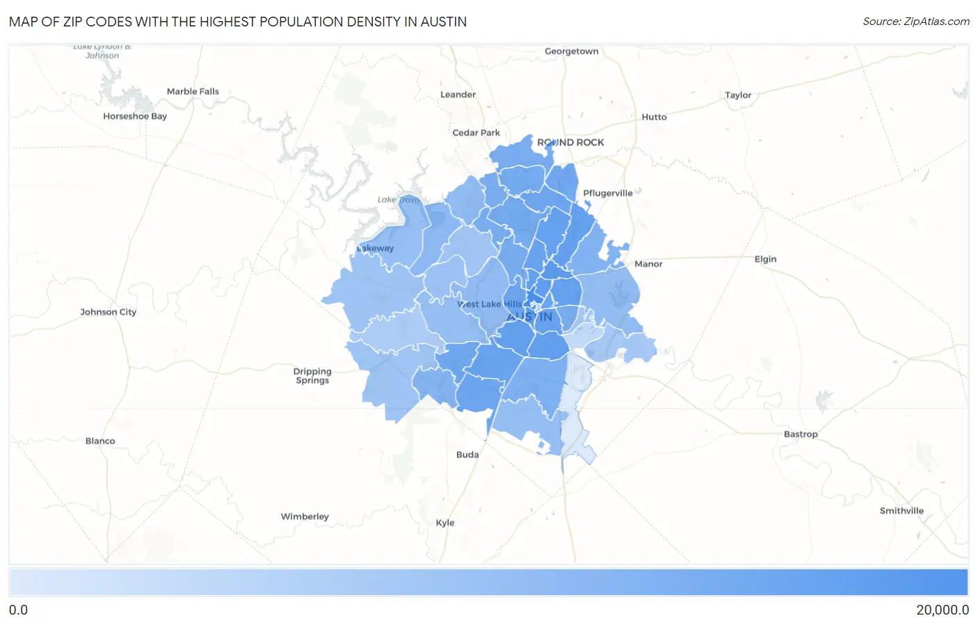 Zip Codes with the Highest Population Density in Austin Map