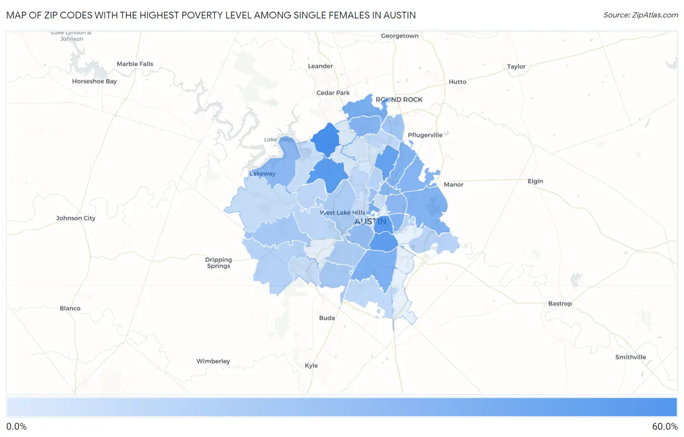 Zip Codes with the Highest Poverty Level Among Single Females in Austin Map