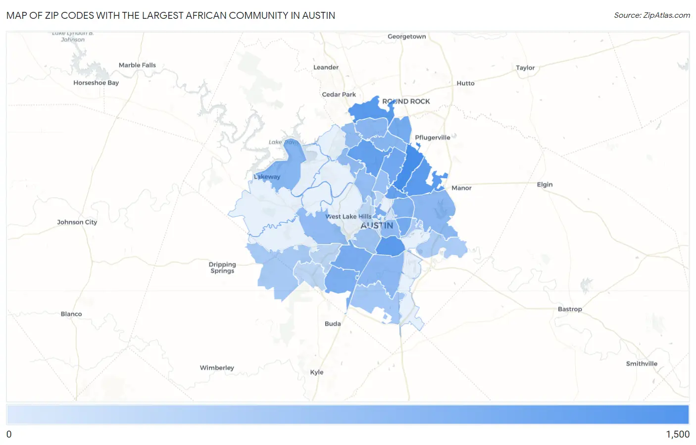 Zip Codes with the Largest African Community in Austin Map