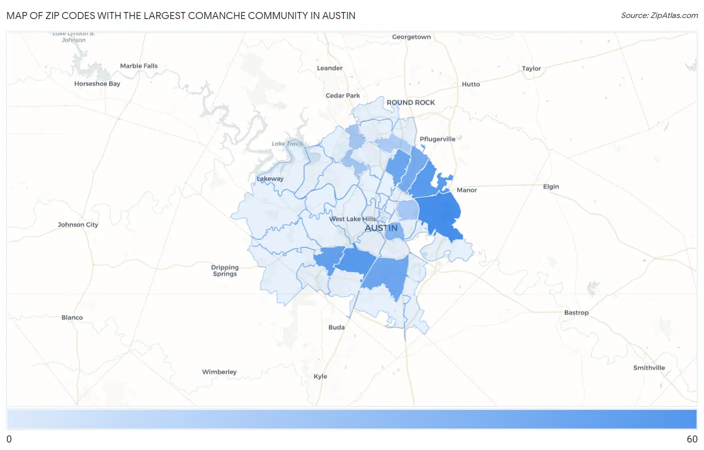 Zip Codes with the Largest Comanche Community in Austin Map