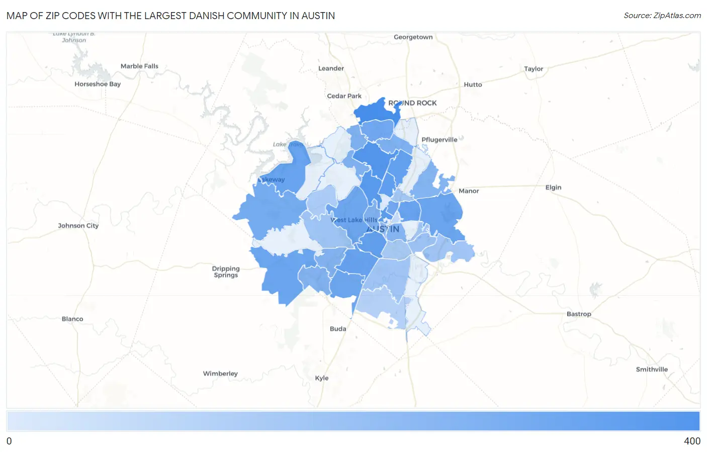 Zip Codes with the Largest Danish Community in Austin Map