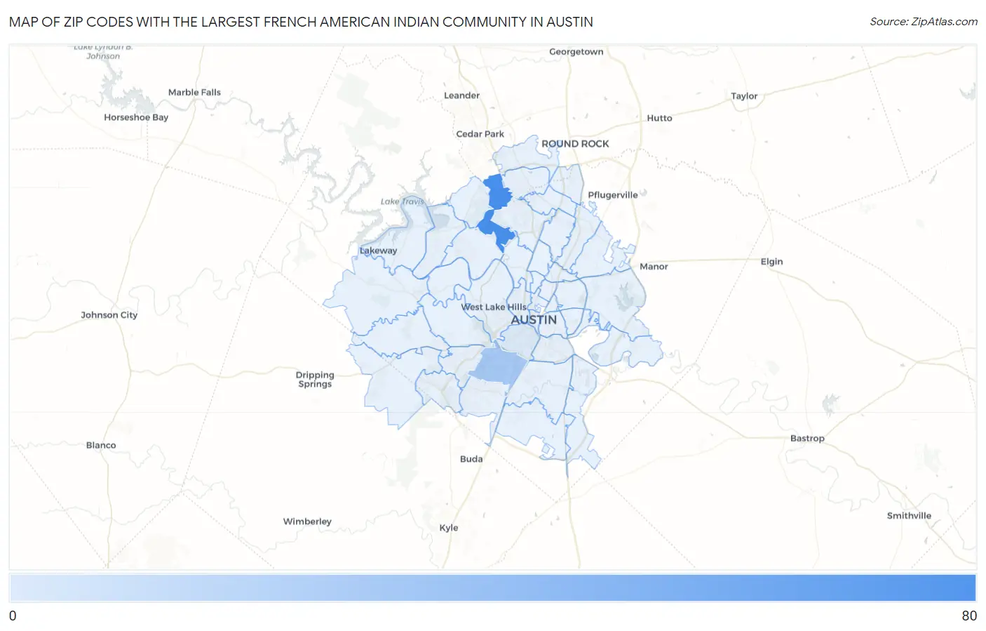 Zip Codes with the Largest French American Indian Community in Austin Map