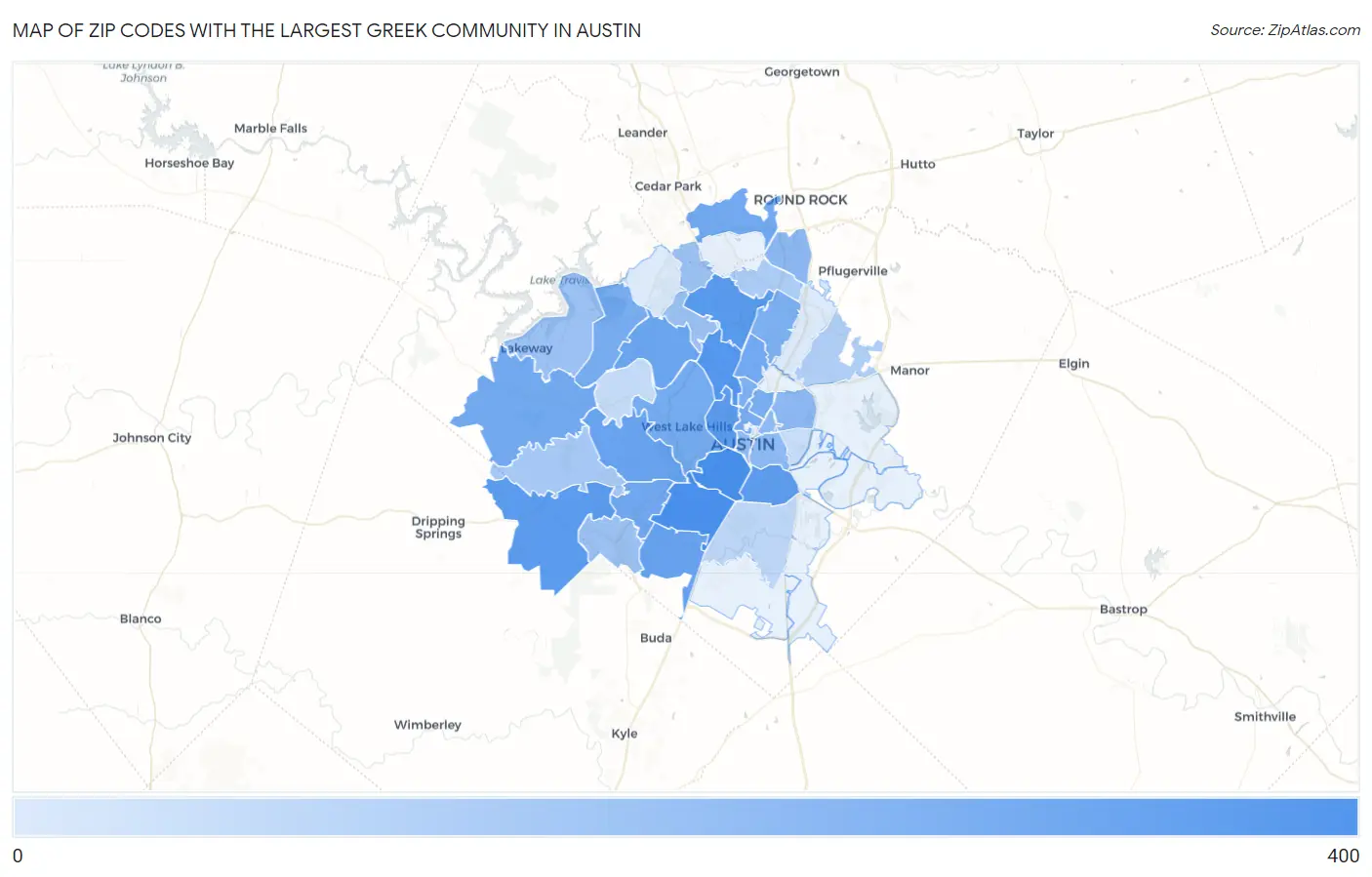 Zip Codes with the Largest Greek Community in Austin Map