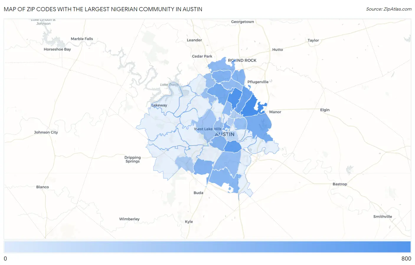 Zip Codes with the Largest Nigerian Community in Austin Map