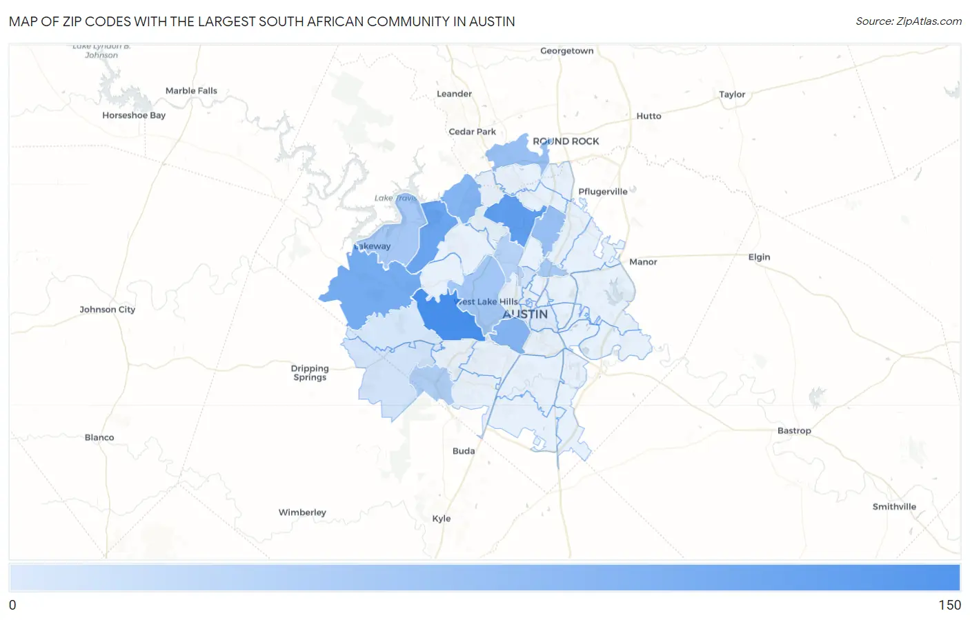 Zip Codes with the Largest South African Community in Austin Map