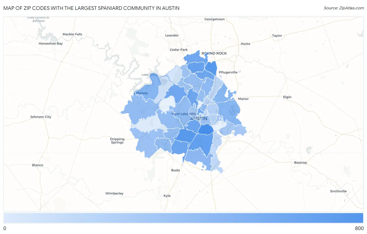 Zip Codes with the Largest Spaniard Community in Austin Map