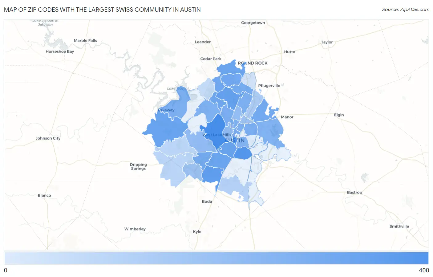 Zip Codes with the Largest Swiss Community in Austin Map