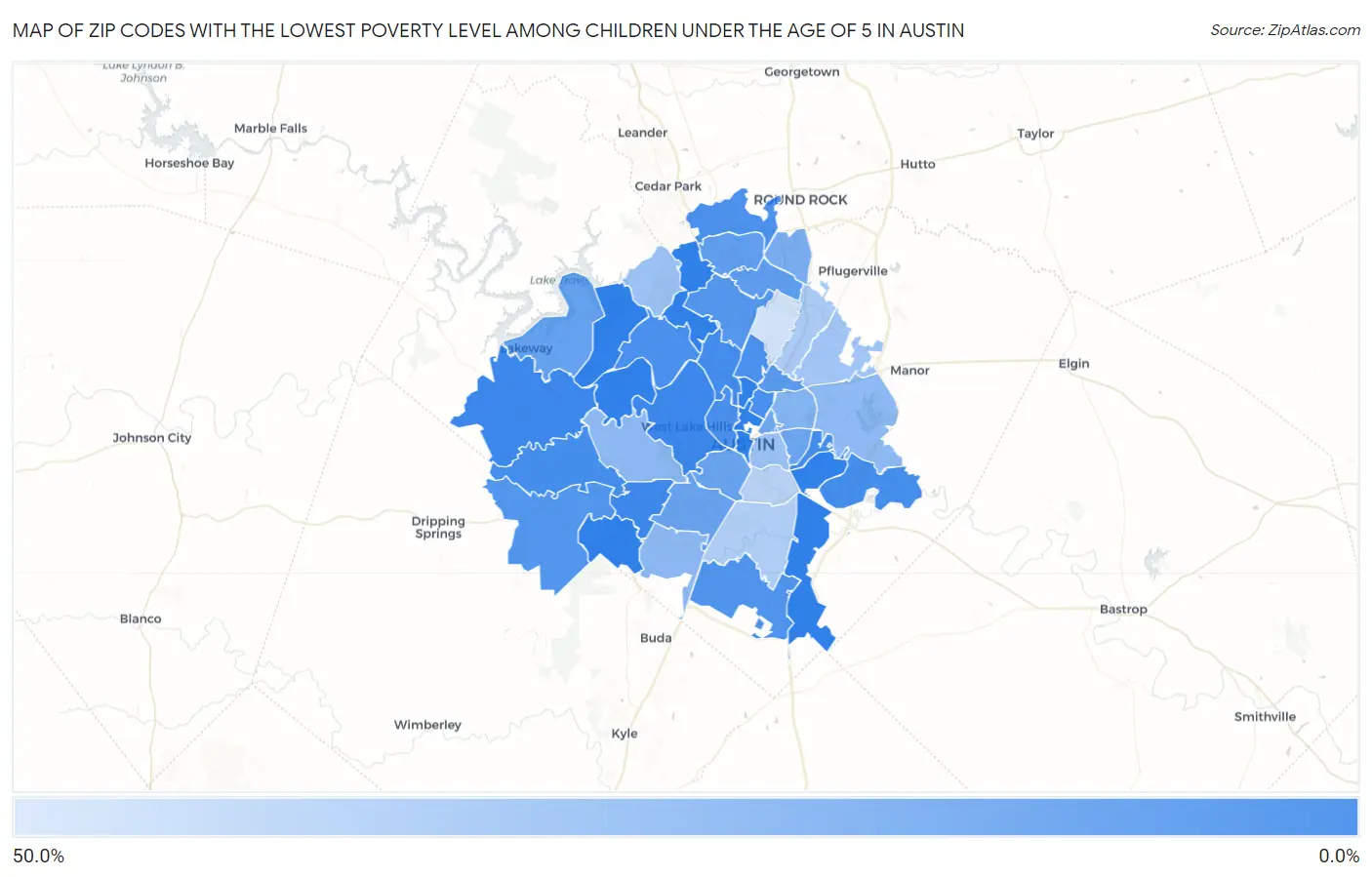 Zip Codes with the Lowest Poverty Level Among Children Under the Age of 5 in Austin Map
