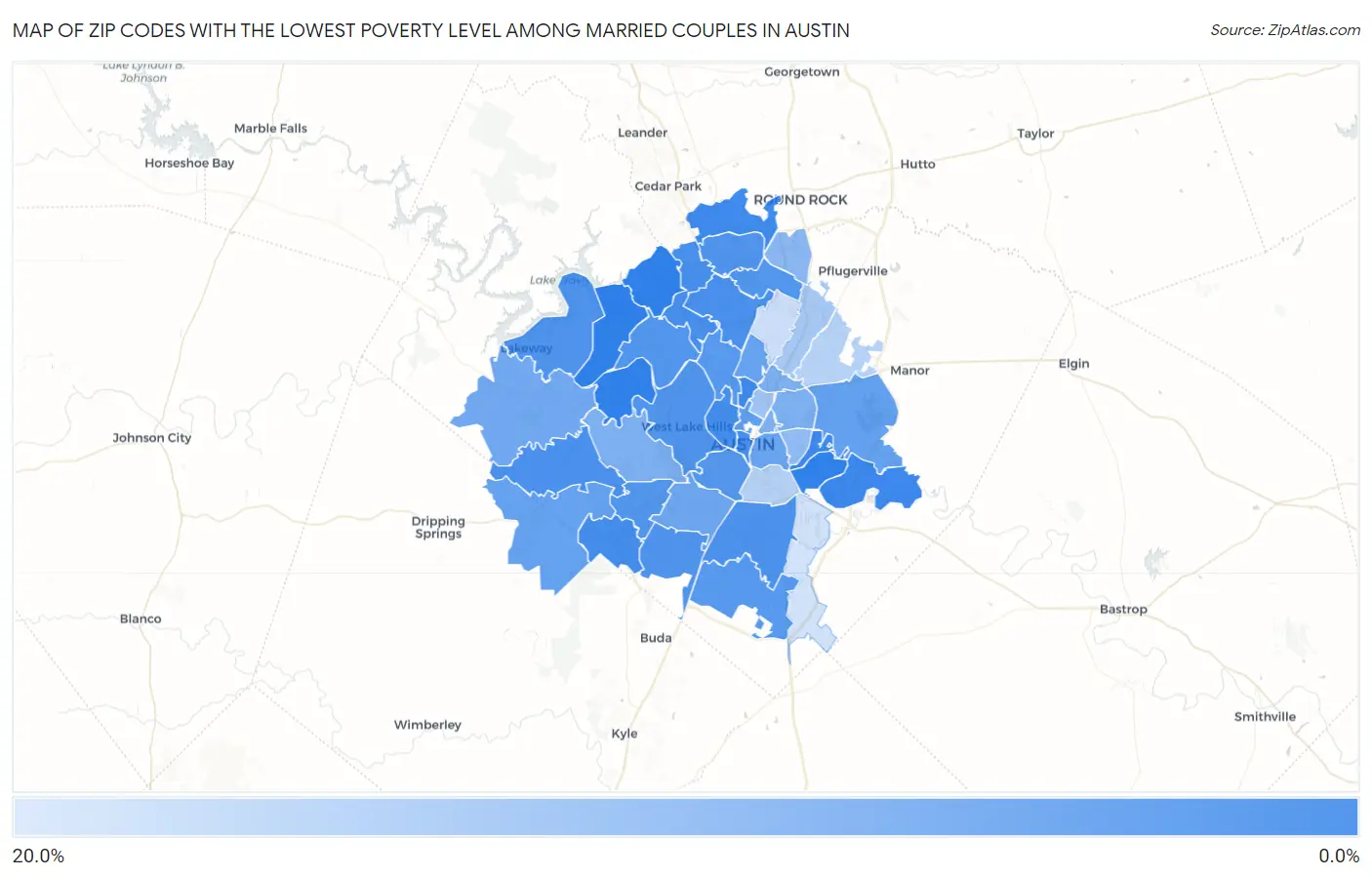 Zip Codes with the Lowest Poverty Level Among Married Couples in Austin Map