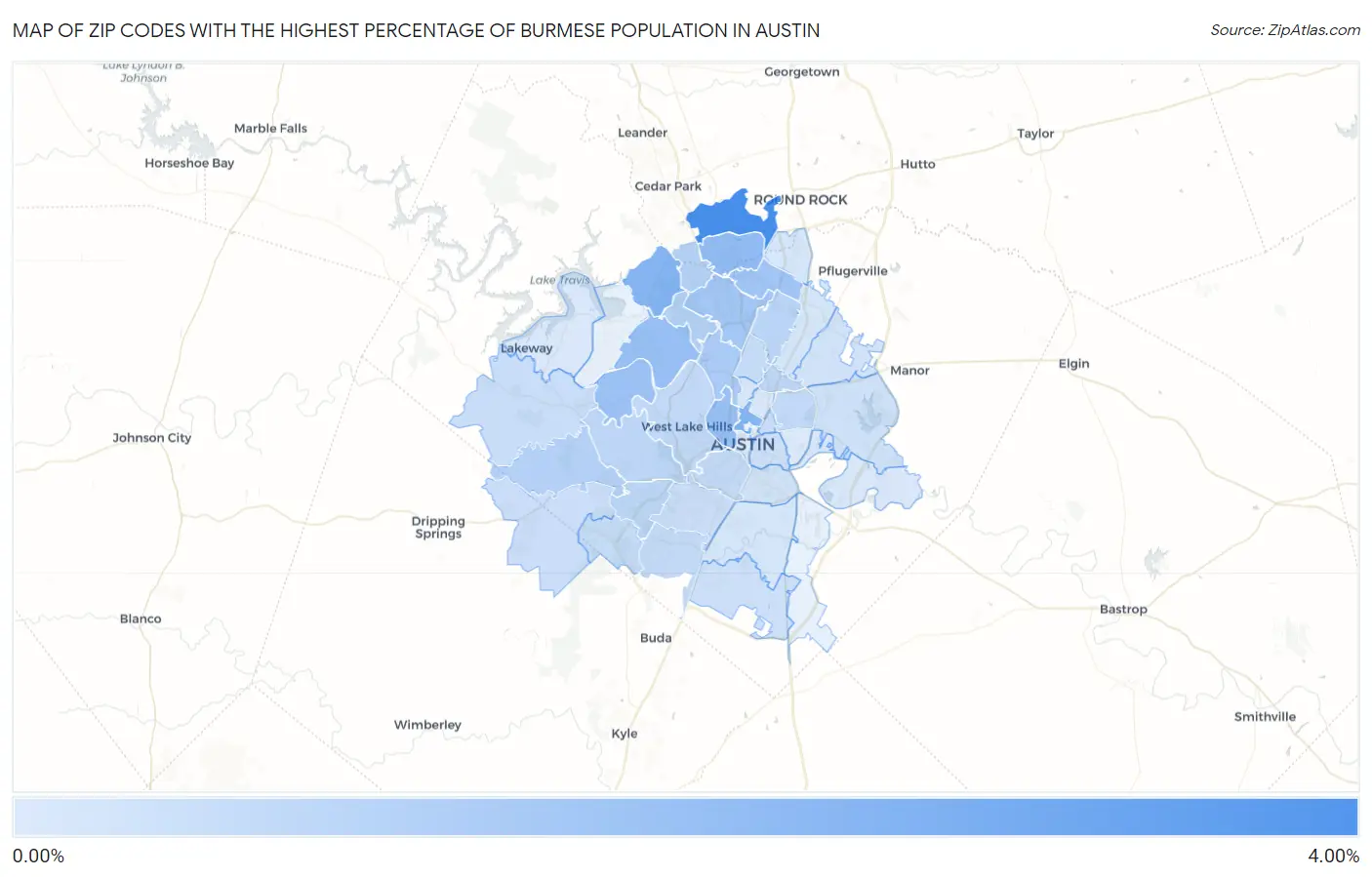 Zip Codes with the Highest Percentage of Burmese Population in Austin Map