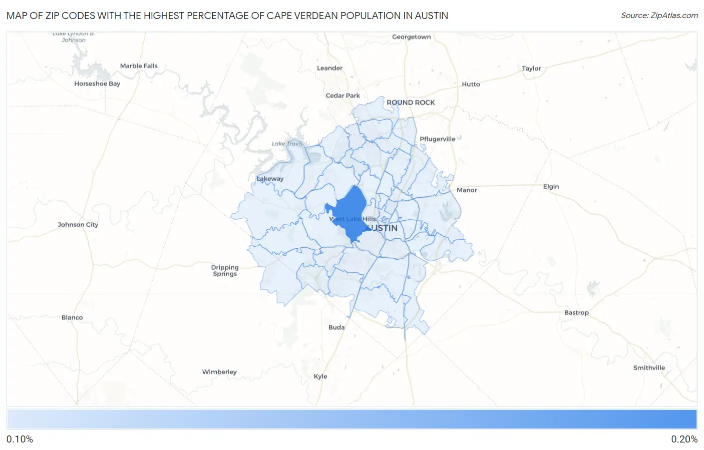 Zip Codes with the Highest Percentage of Cape Verdean Population in Austin Map