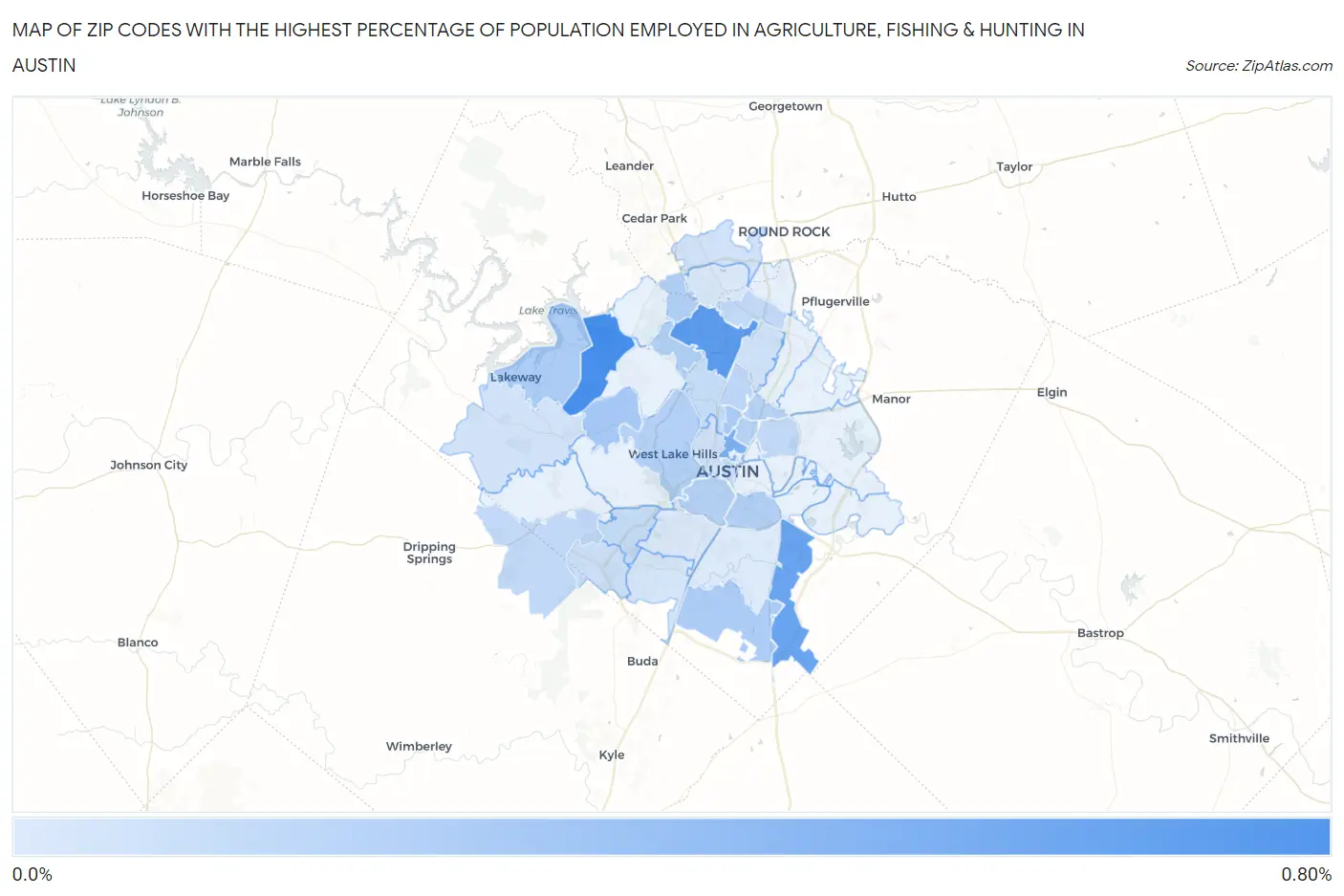 Zip Codes with the Highest Percentage of Population Employed in Agriculture, Fishing & Hunting in Austin Map