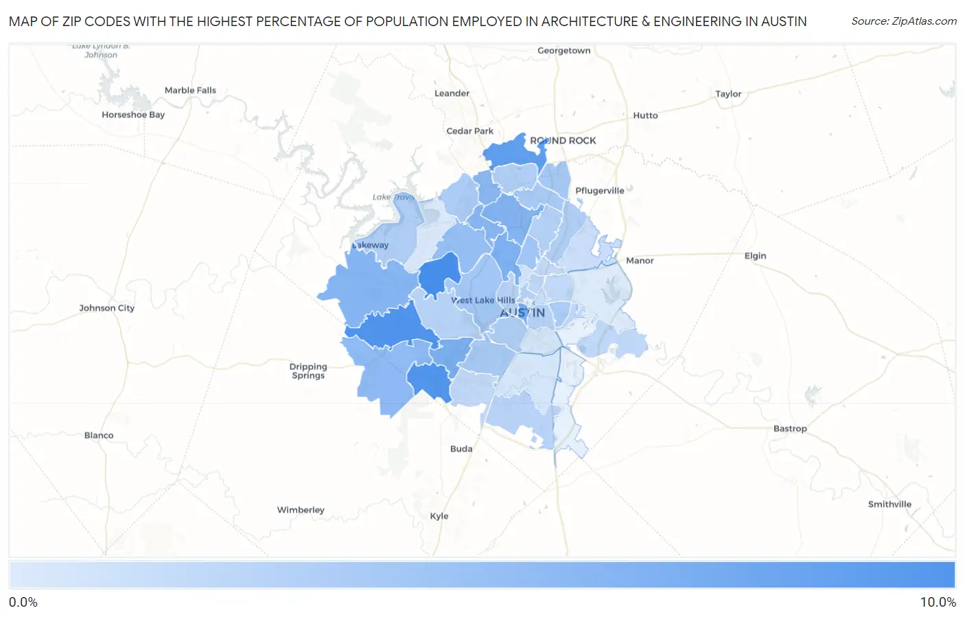 Zip Codes with the Highest Percentage of Population Employed in Architecture & Engineering in Austin Map