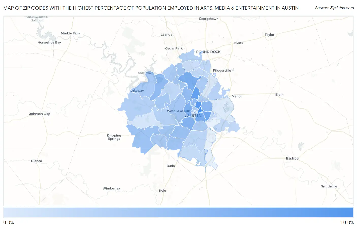 Zip Codes with the Highest Percentage of Population Employed in Arts, Media & Entertainment in Austin Map