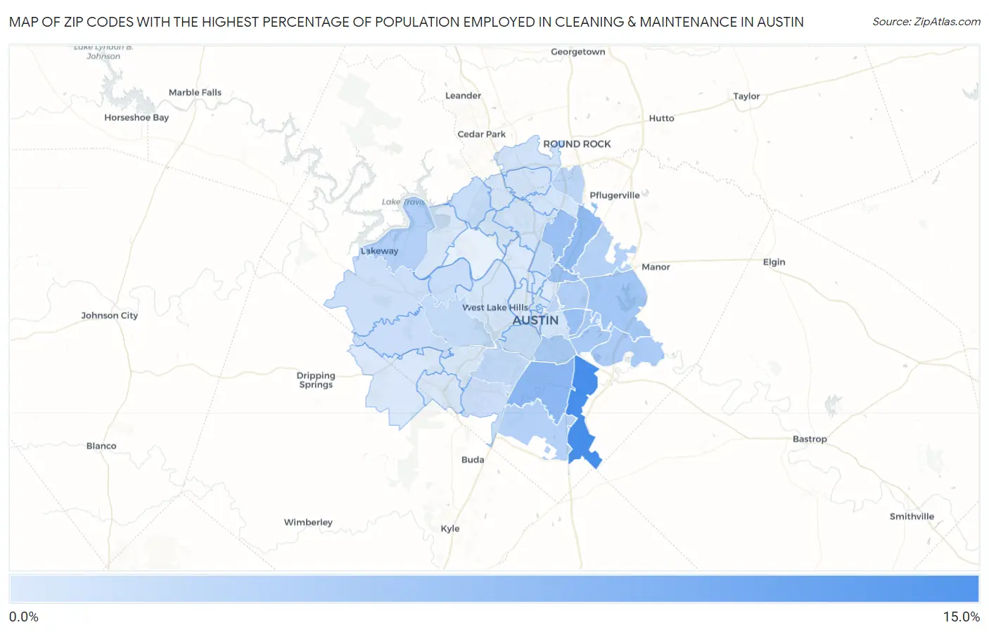 Zip Codes with the Highest Percentage of Population Employed in Cleaning & Maintenance in Austin Map