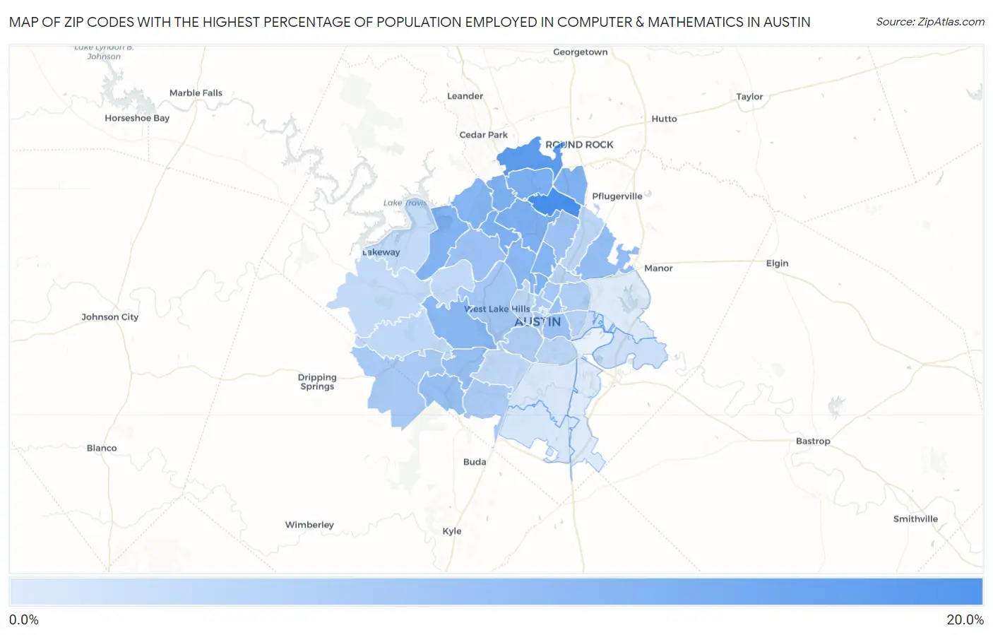 Zip Codes with the Highest Percentage of Population Employed in Computer & Mathematics in Austin Map