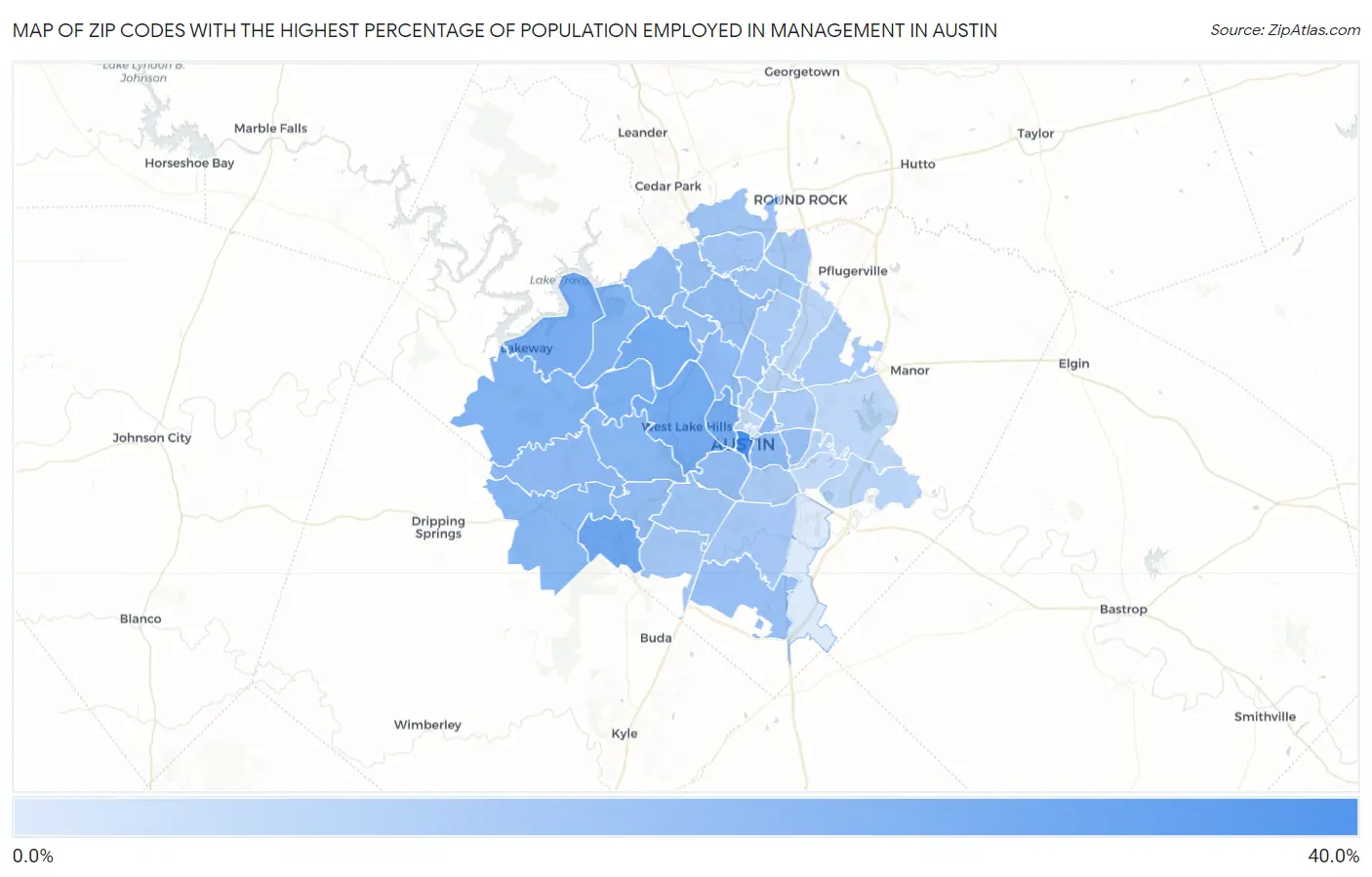Zip Codes with the Highest Percentage of Population Employed in Management in Austin Map