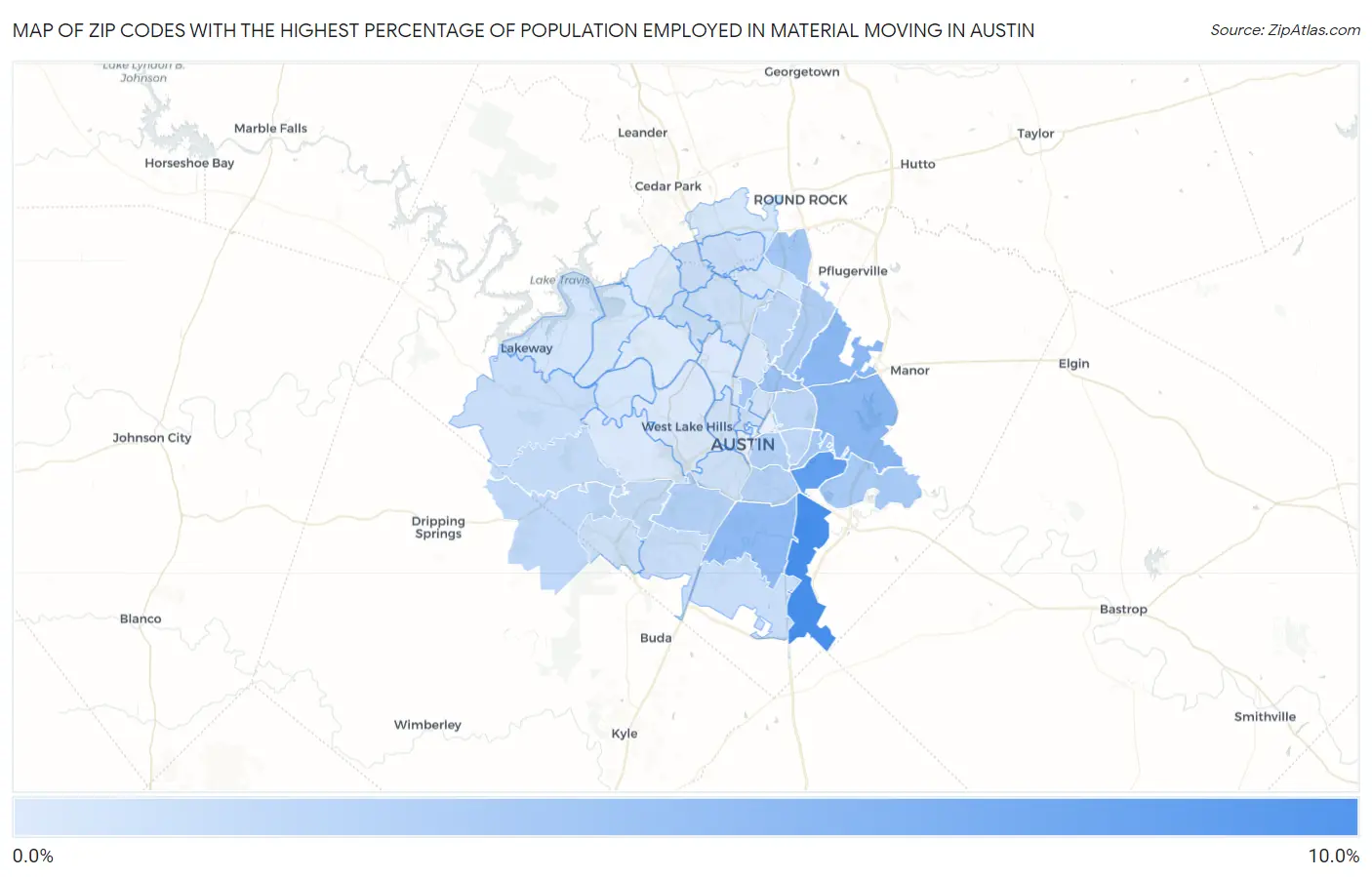 Zip Codes with the Highest Percentage of Population Employed in Material Moving in Austin Map