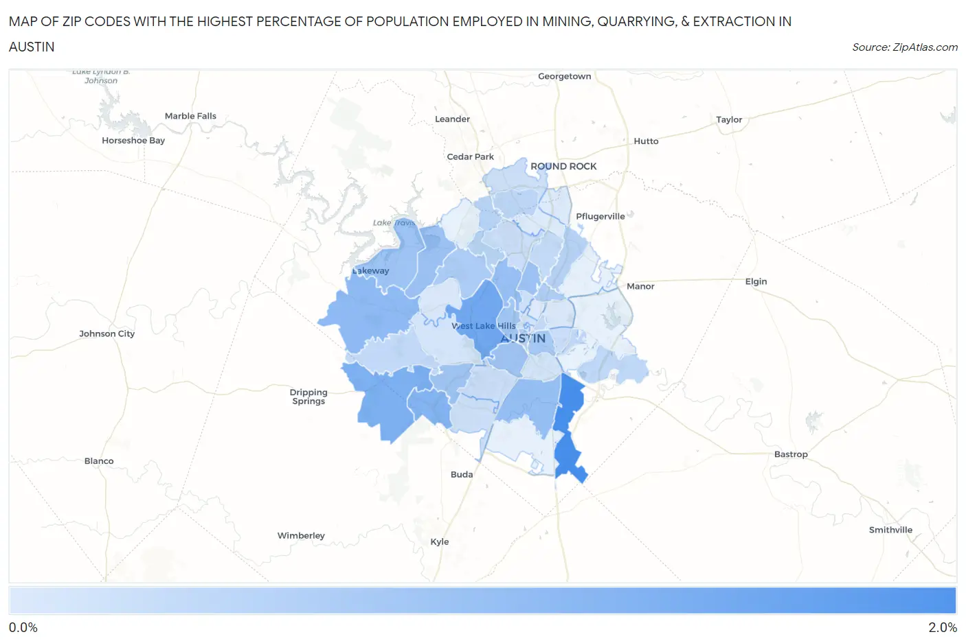 Zip Codes with the Highest Percentage of Population Employed in Mining, Quarrying, & Extraction in Austin Map