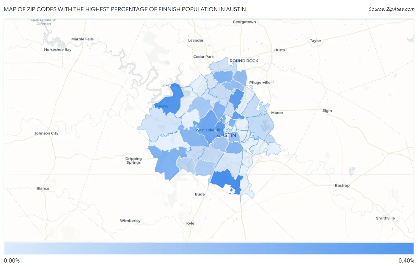Zip Codes with the Highest Percentage of Finnish Population in Austin Map